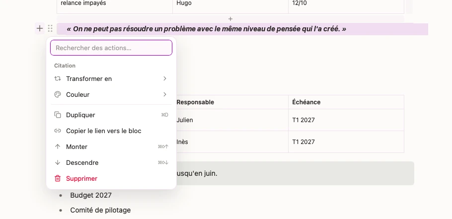 Le menu d'un bloc de citation : rechercher des actions, transformer, couleur, dupliquer, copier le lien vers le bloc, monter, descendre, supprimer.