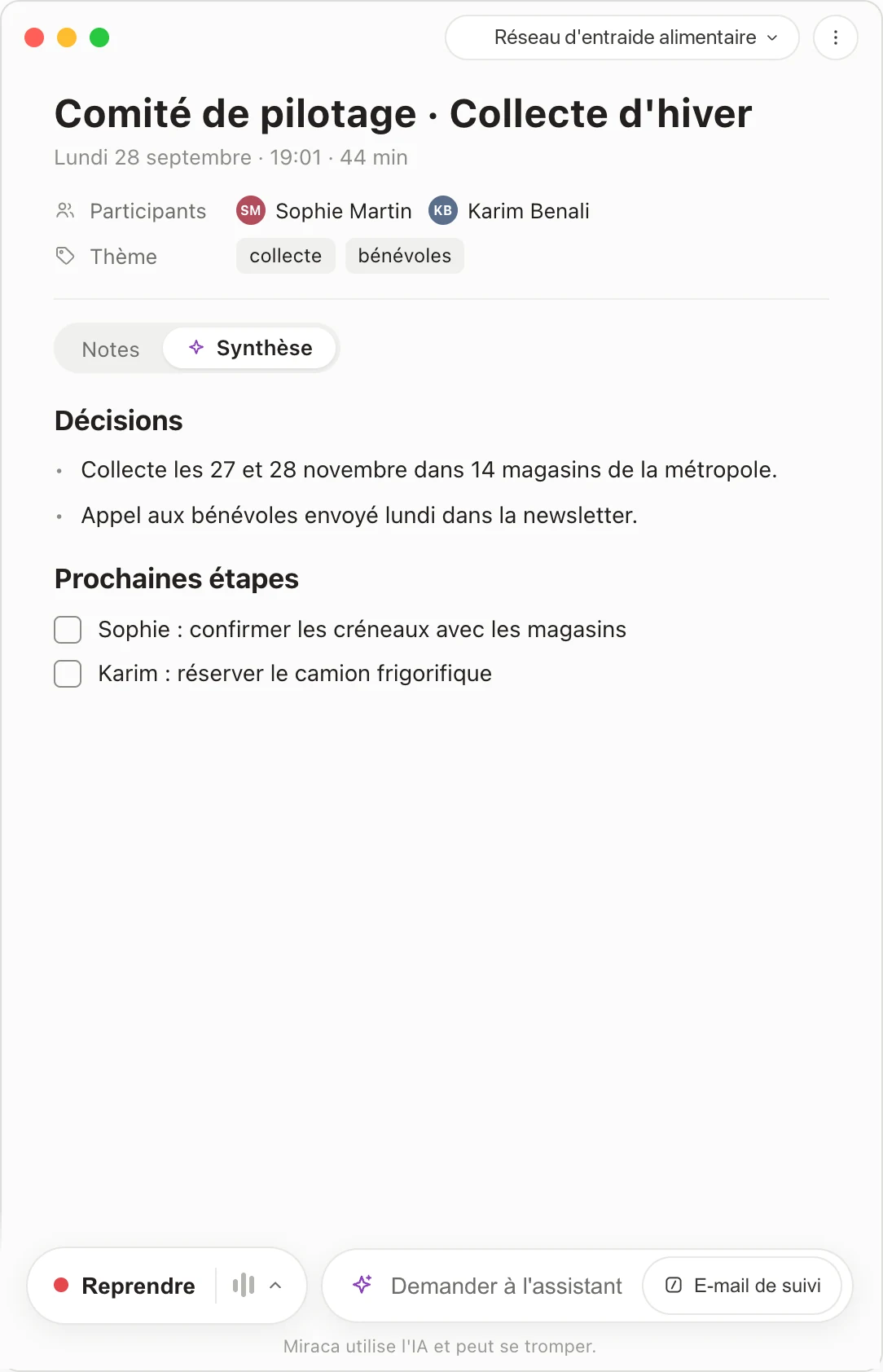 L'onglet Synthèse d'une note de réunion : les décisions, puis les prochaines étapes avec la personne responsable de chacune.
