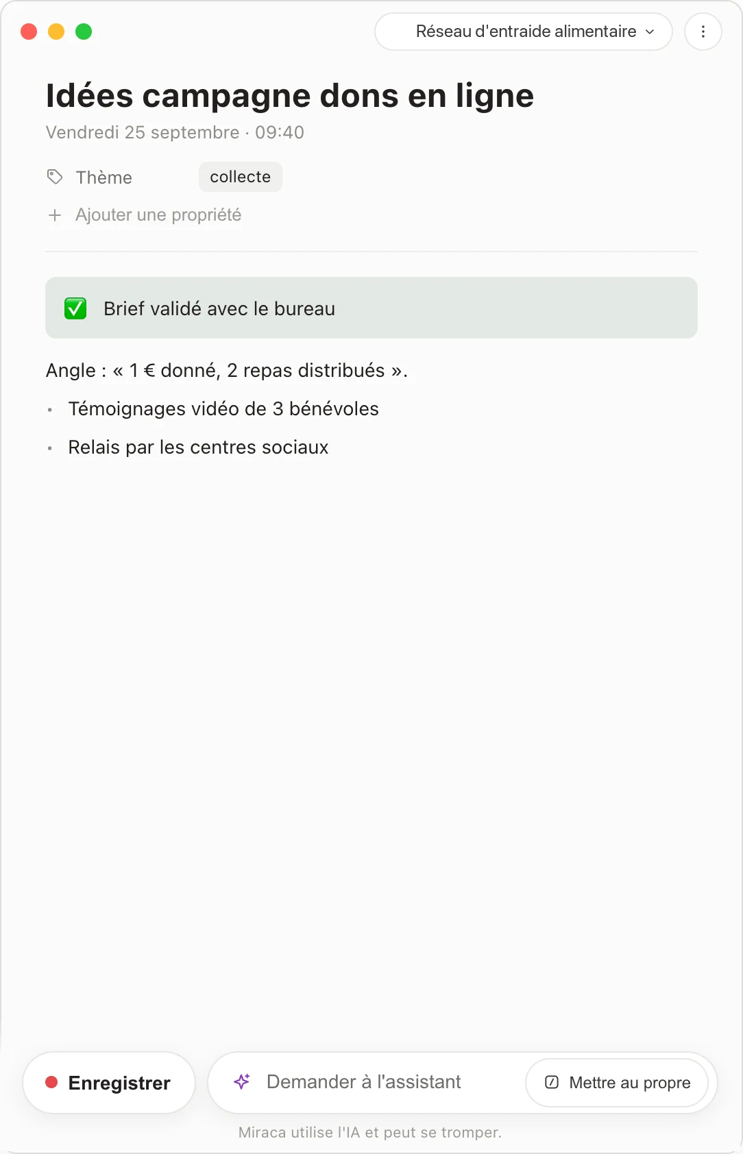 Une note prise sans enregistrement, avec un encadré « Brief validé avec le bureau » et la recette Mettre au propre.